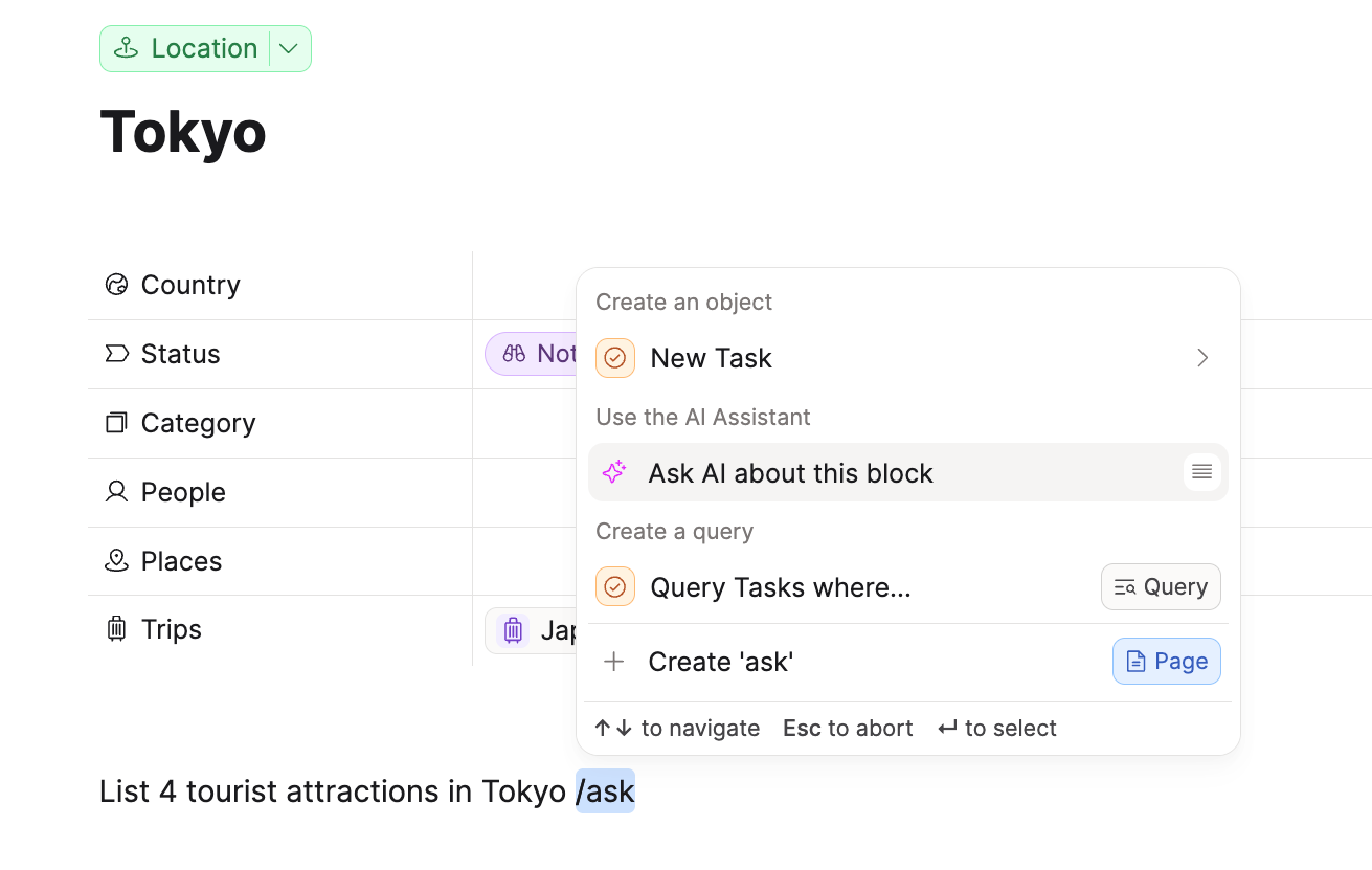ask ai command question and dropdown