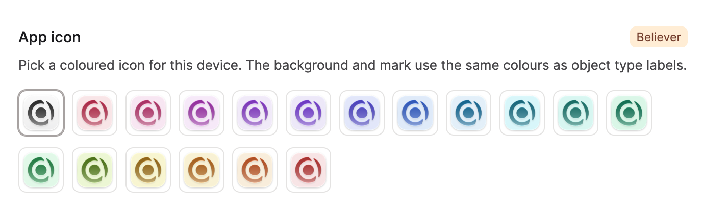 The app icon picker, with a row of colored icons
