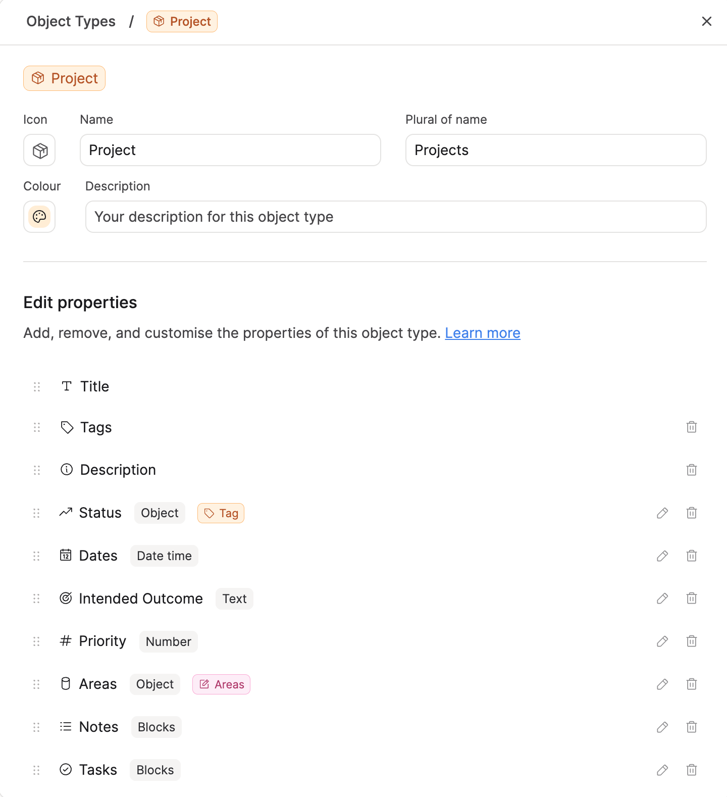 object type settings