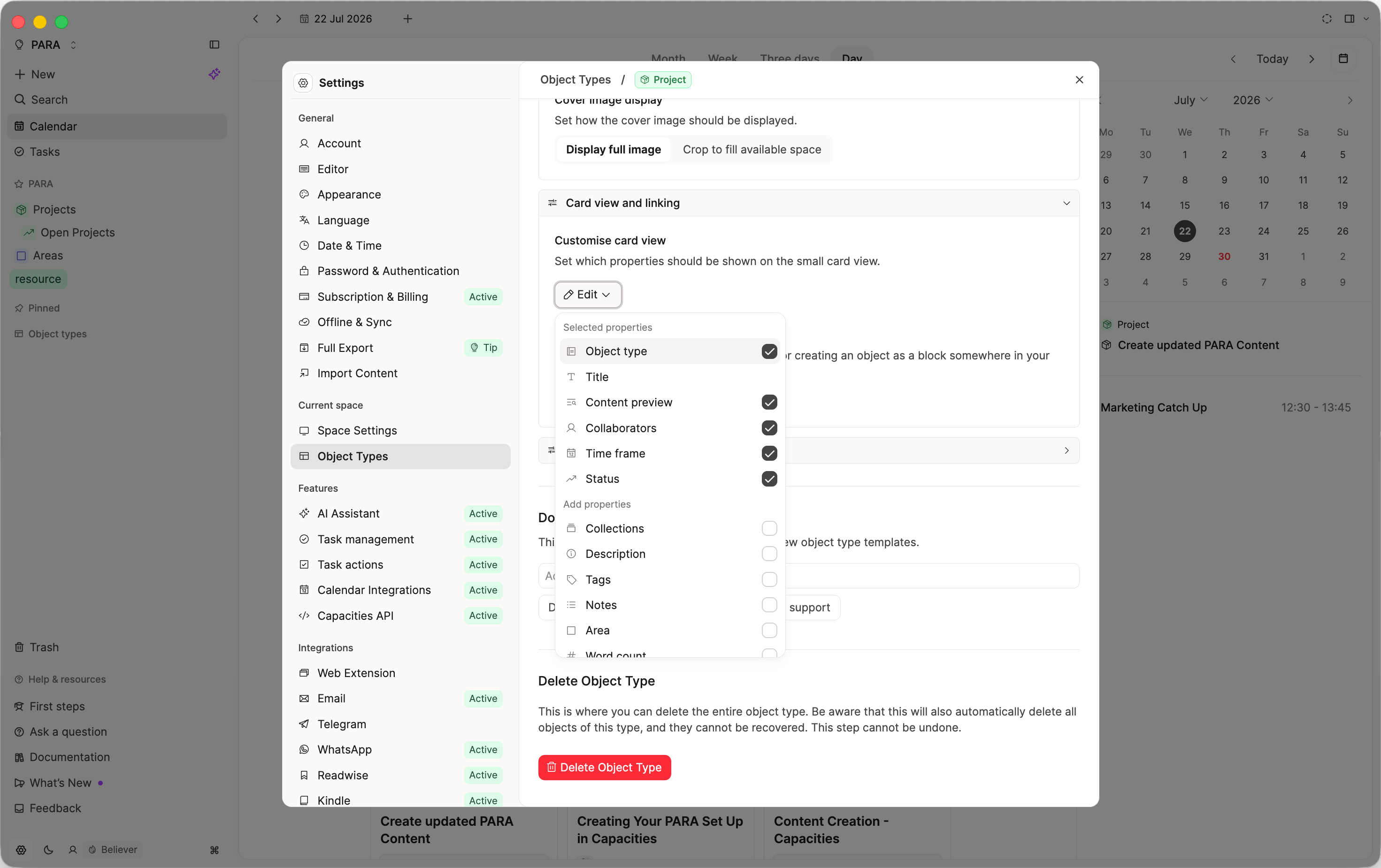 Customize card view in the settings