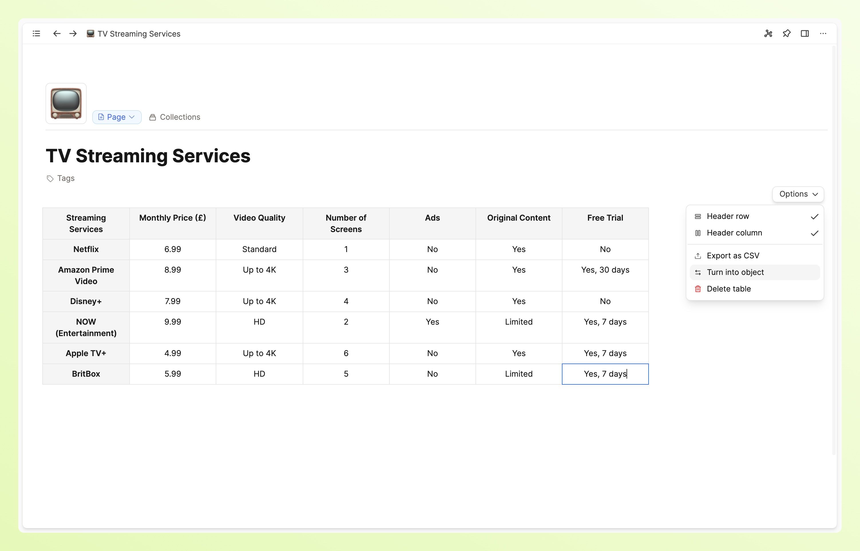 turn table into object