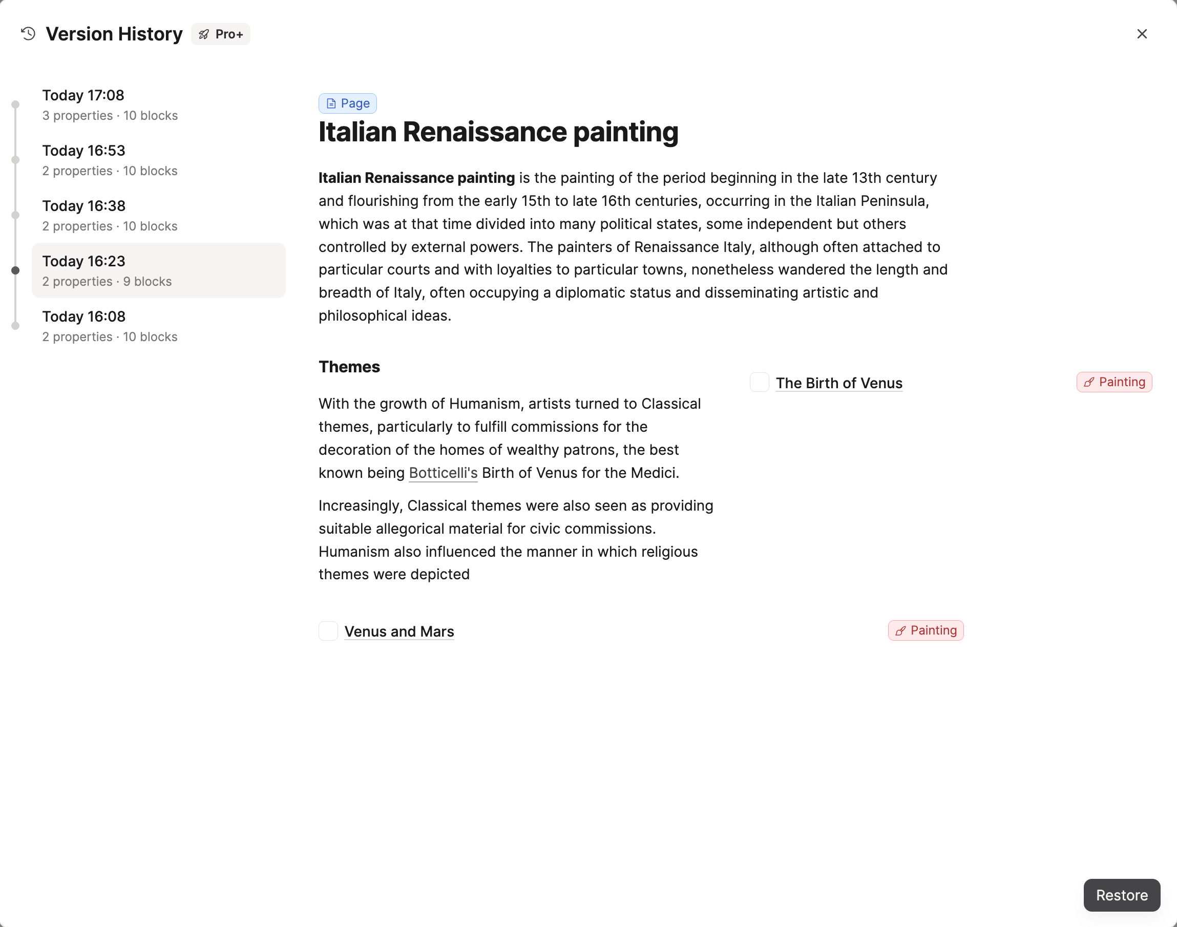 version history panel with preview