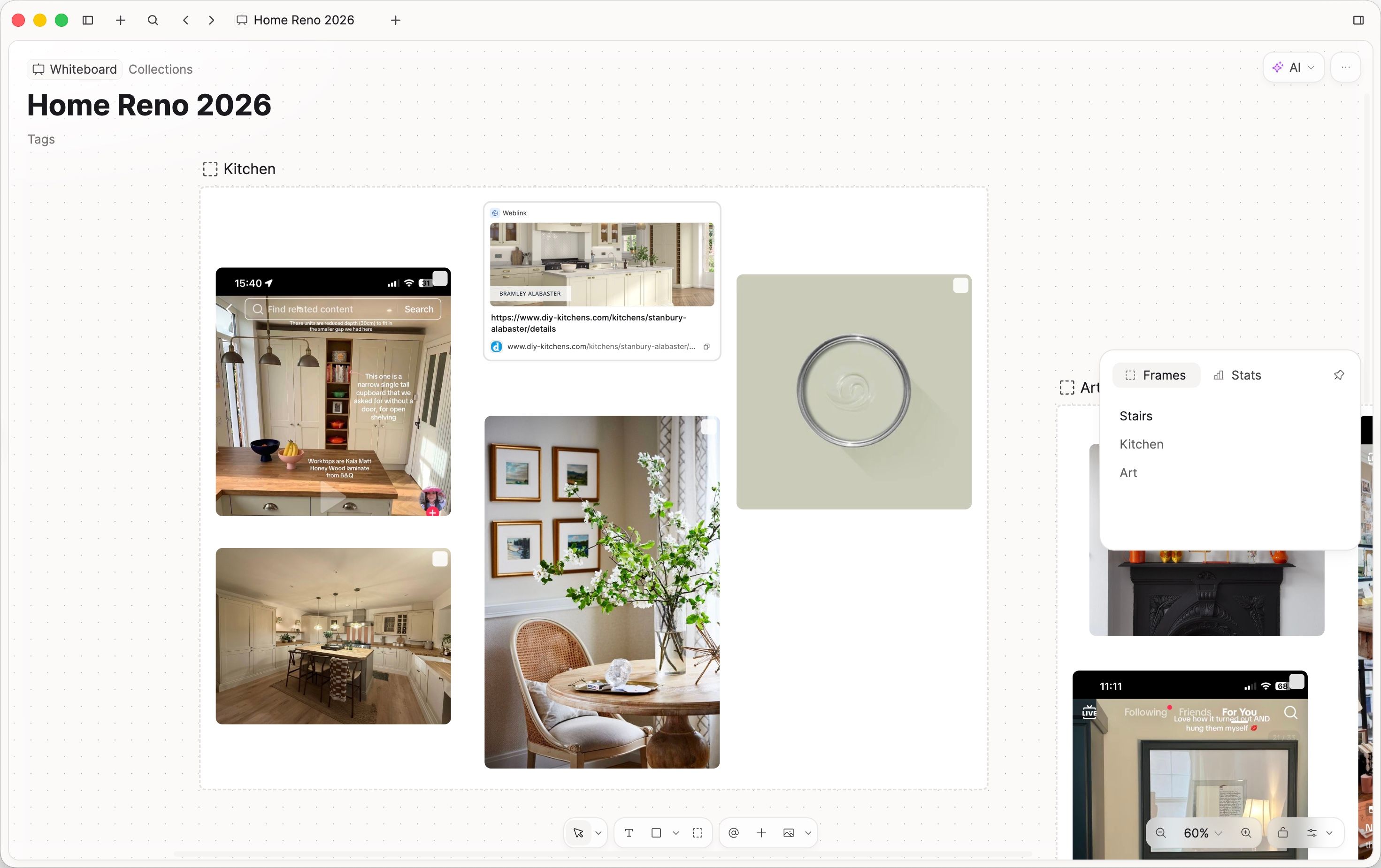 Whiteboard with Kitchen and Art frames, and the Frames list open
