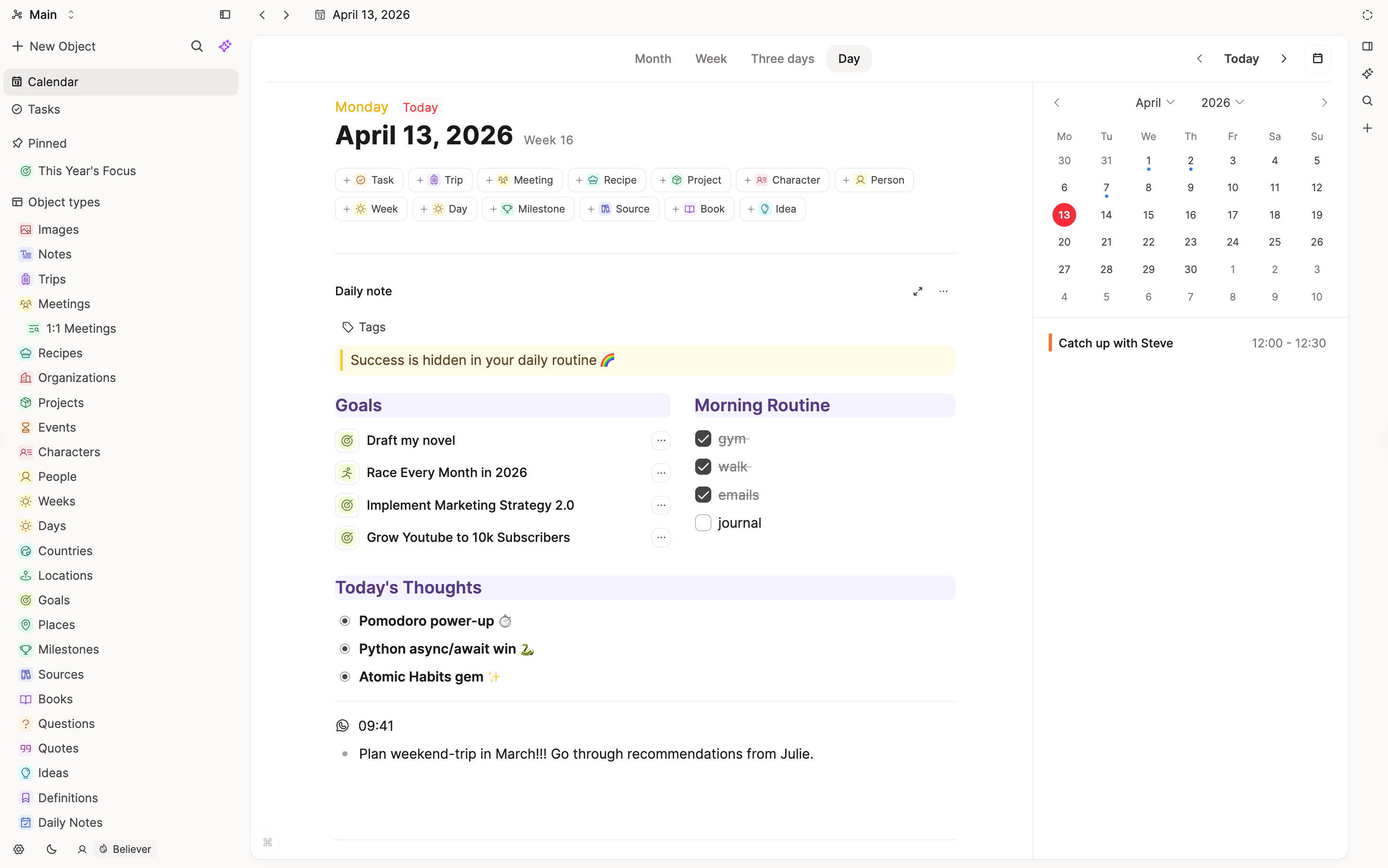 Calendar with daily note
