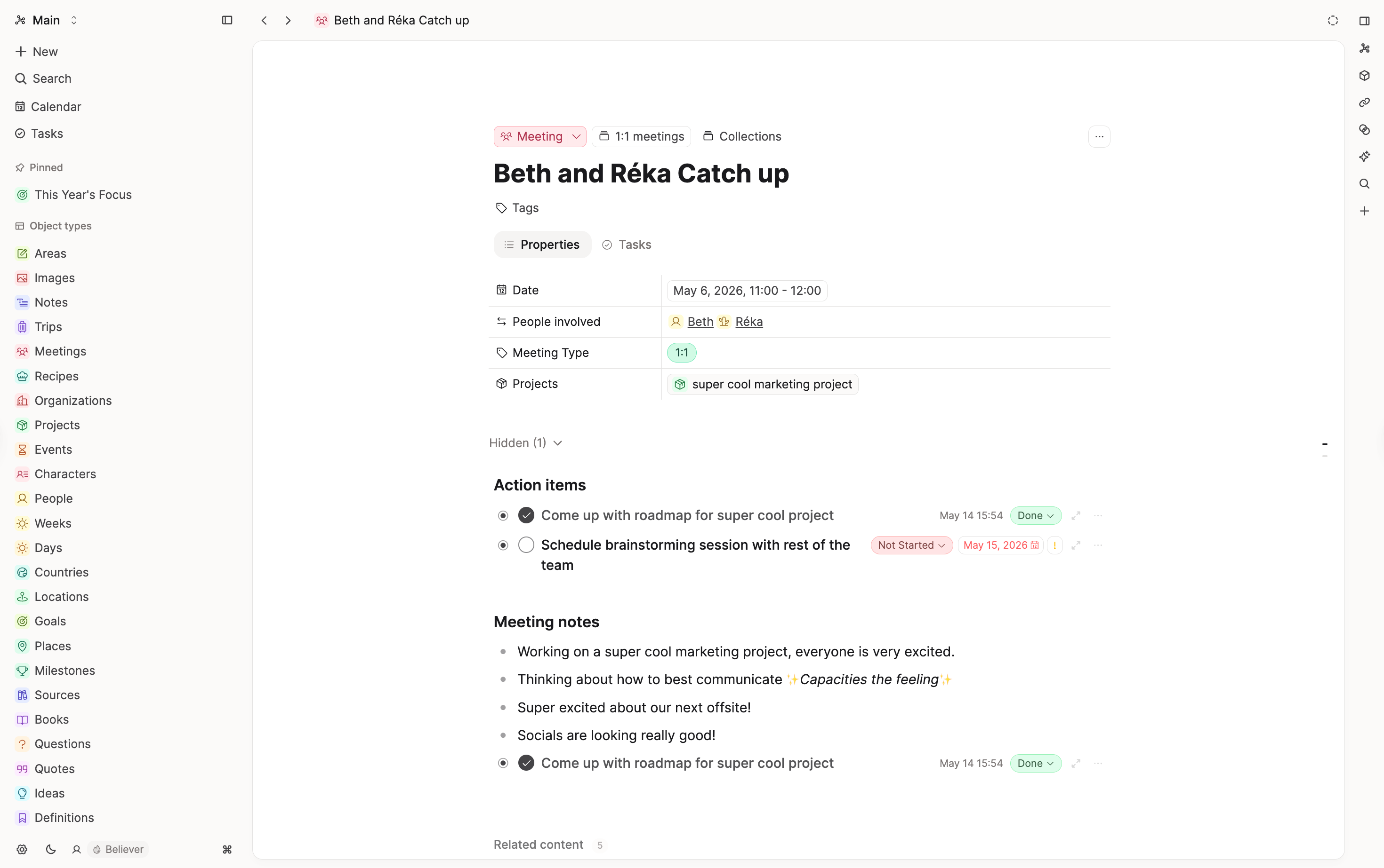 Action items in a meeting note