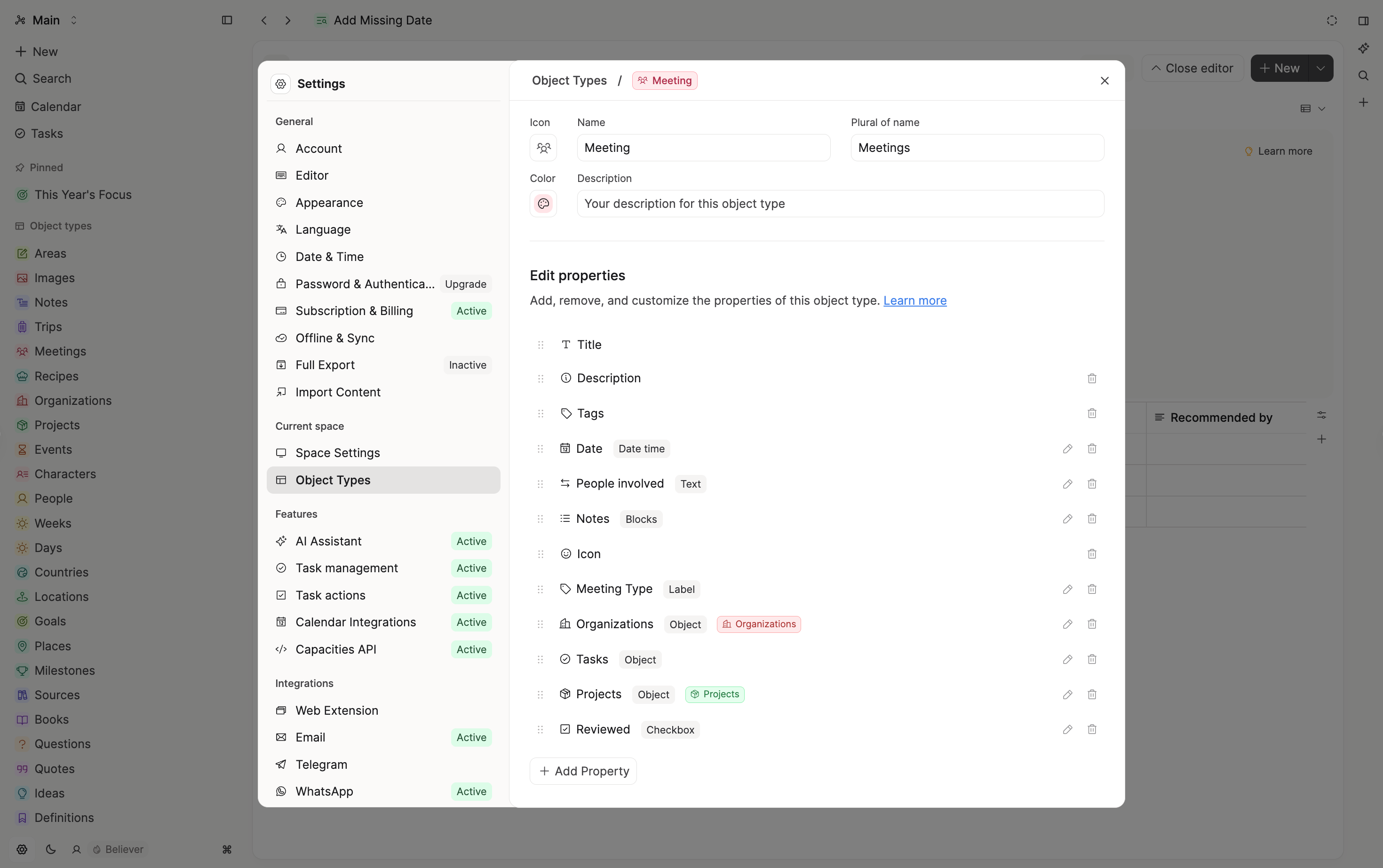 Meeting type properties