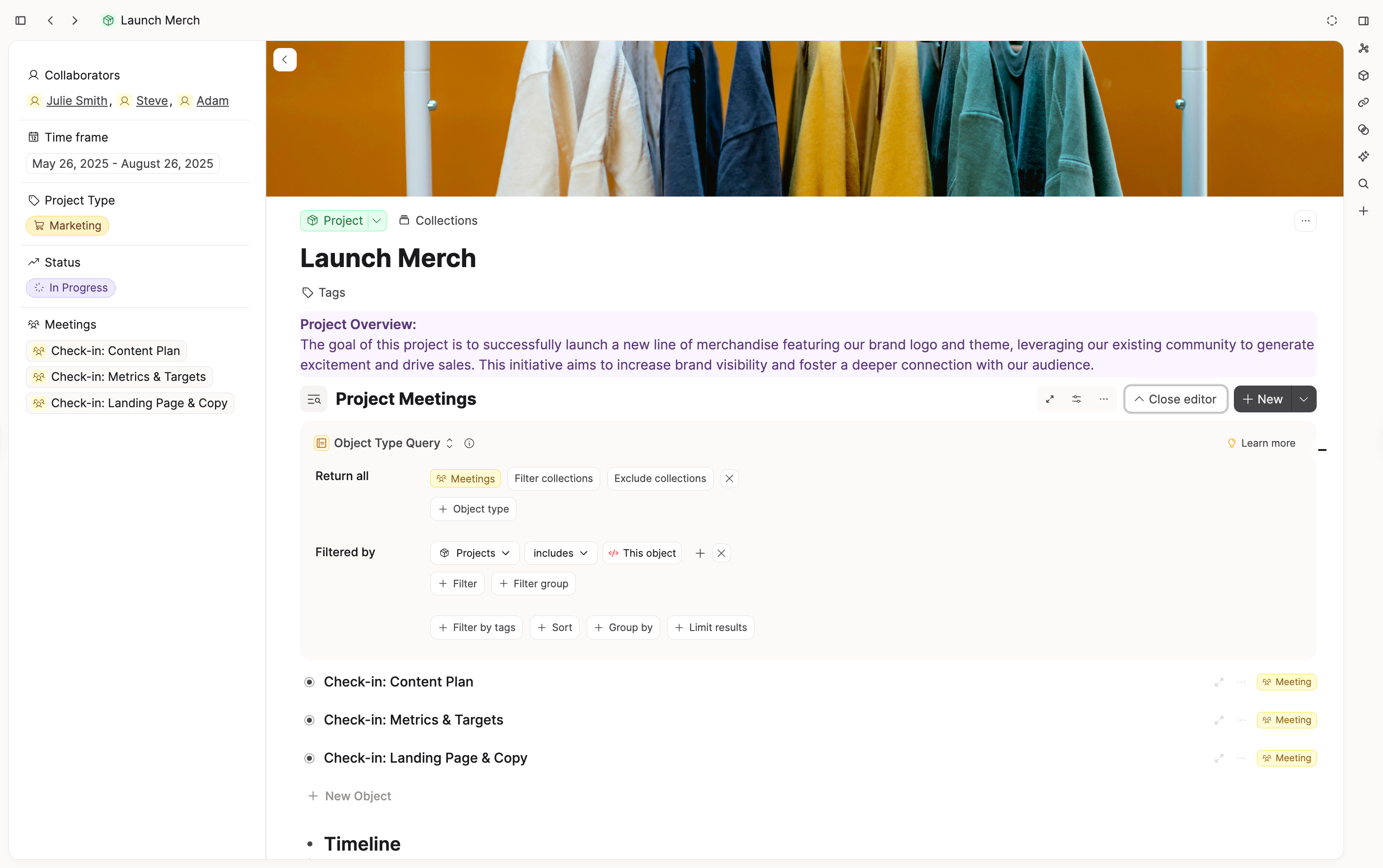 Meetings embedded on a project page