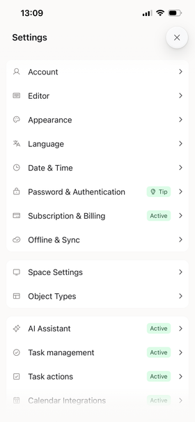 Settings on mobile