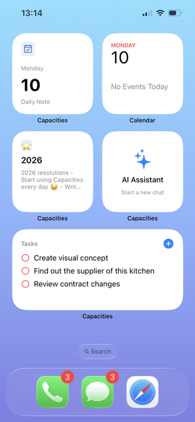 Capacities widgets on the Home Screen
