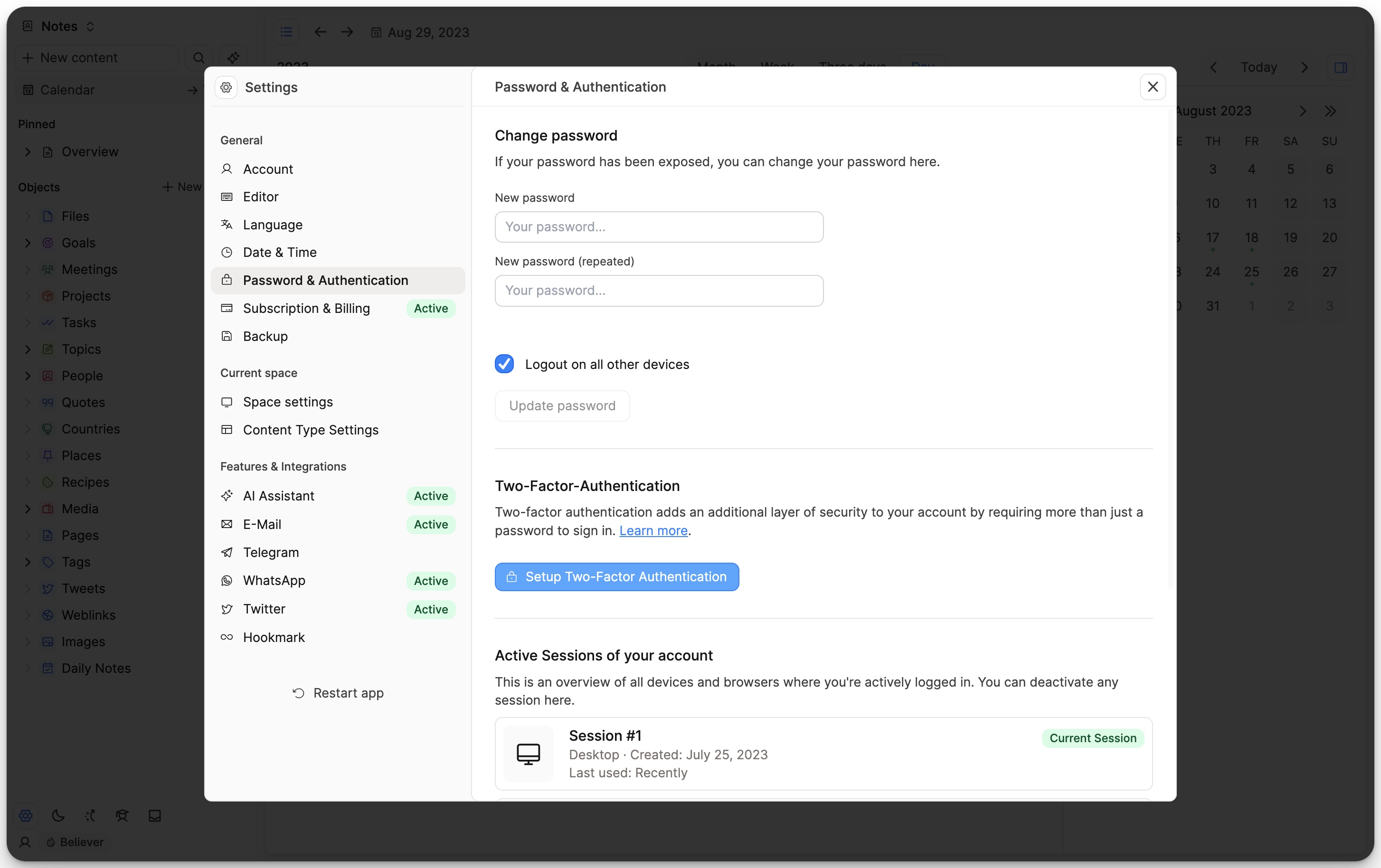 Password & Authentication window