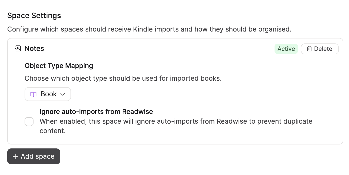 Kindle space settings